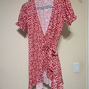 Vibrant Red Floral Wrap Dress